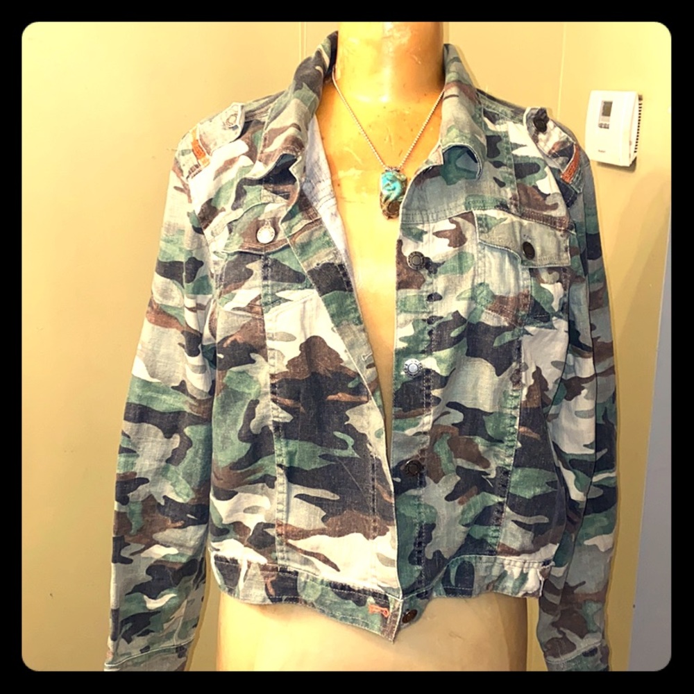 CHICO’S Denim Jacket Green Camouflage Sz 2 L/12